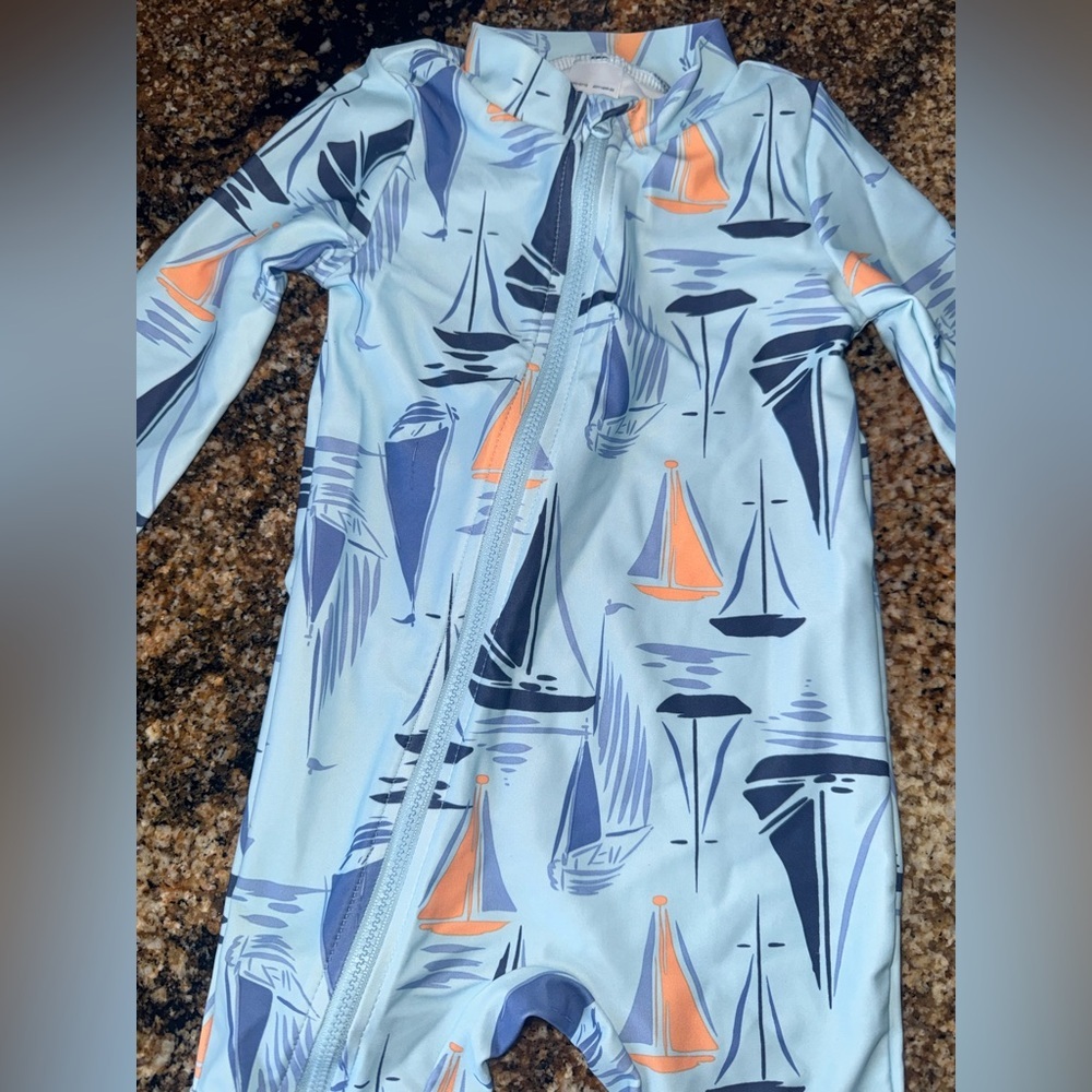 Kids Swimwear with Sailboat Print - Blue and Orange Rash Guard - Picture 2 of 4